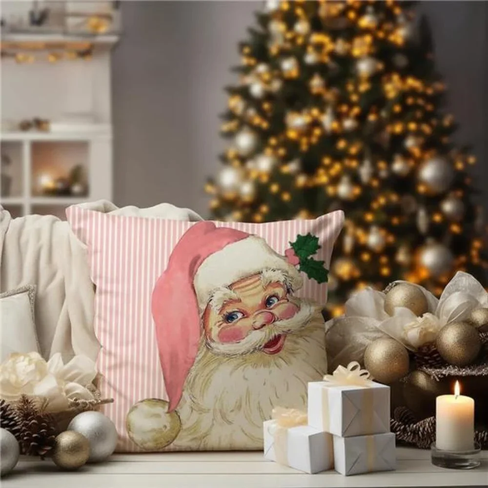 Set‎ of 4 Pink Christmas Pillow Covers, 18x18, Santa, Snowman, Snowflake & Tree